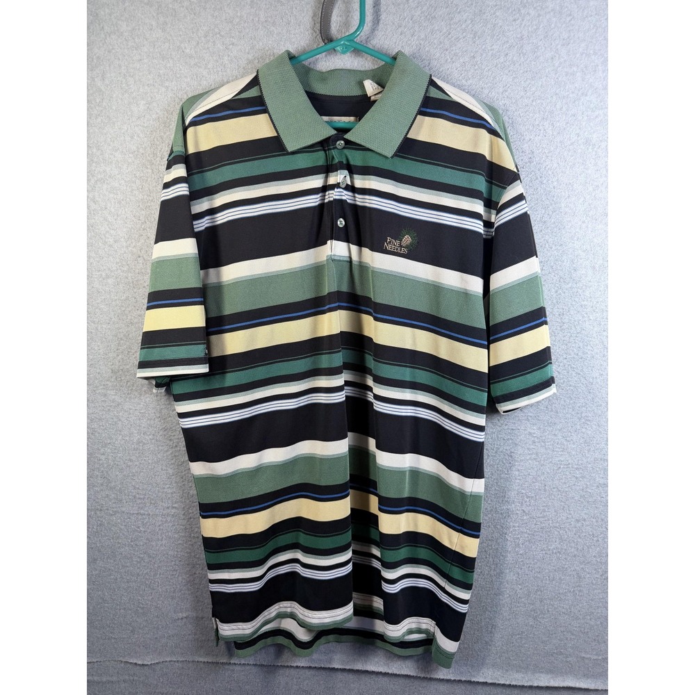 Tehama Polo Shirt Mens XL Green Striped Hang 'Em Dry Golf Pine Needles Logo
